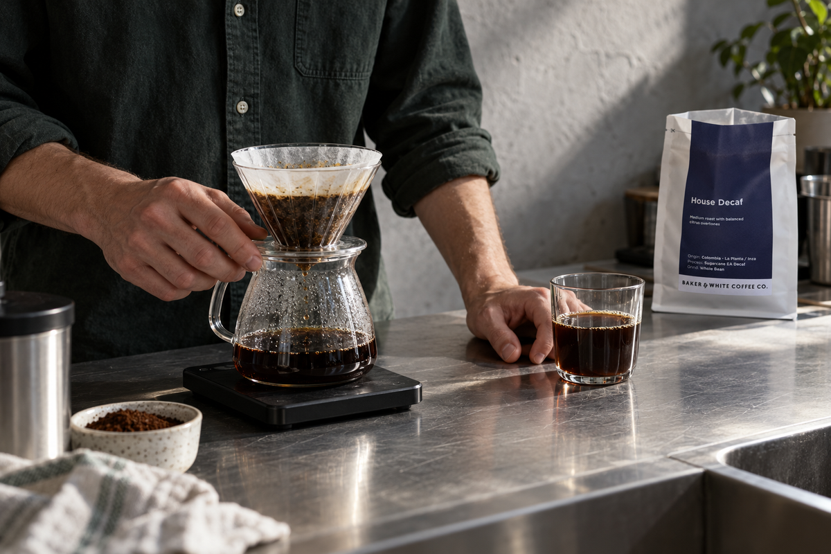 Preparing a pour-over coffee with House Decaf