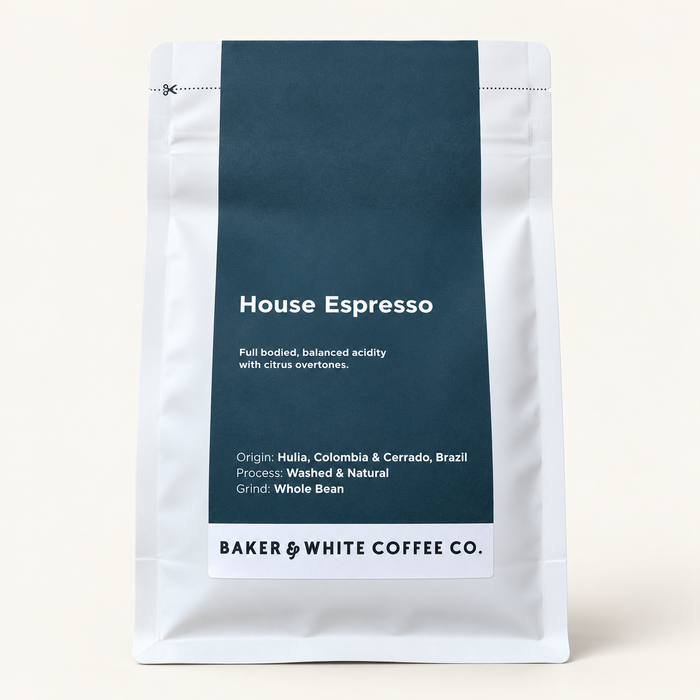 Baker & White House Espresso 250g coffee bag on an ivory background
