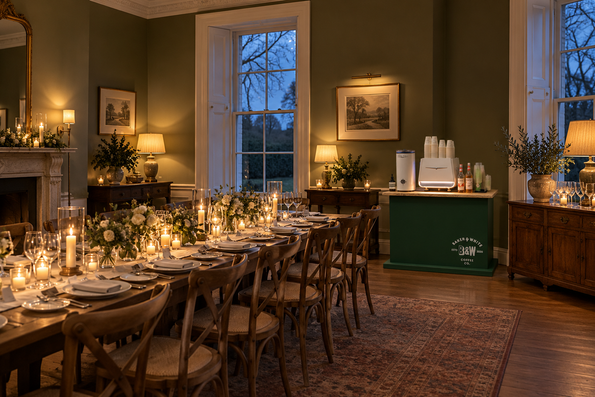 Baker & White indoor coffee bar in an evening celebration setting