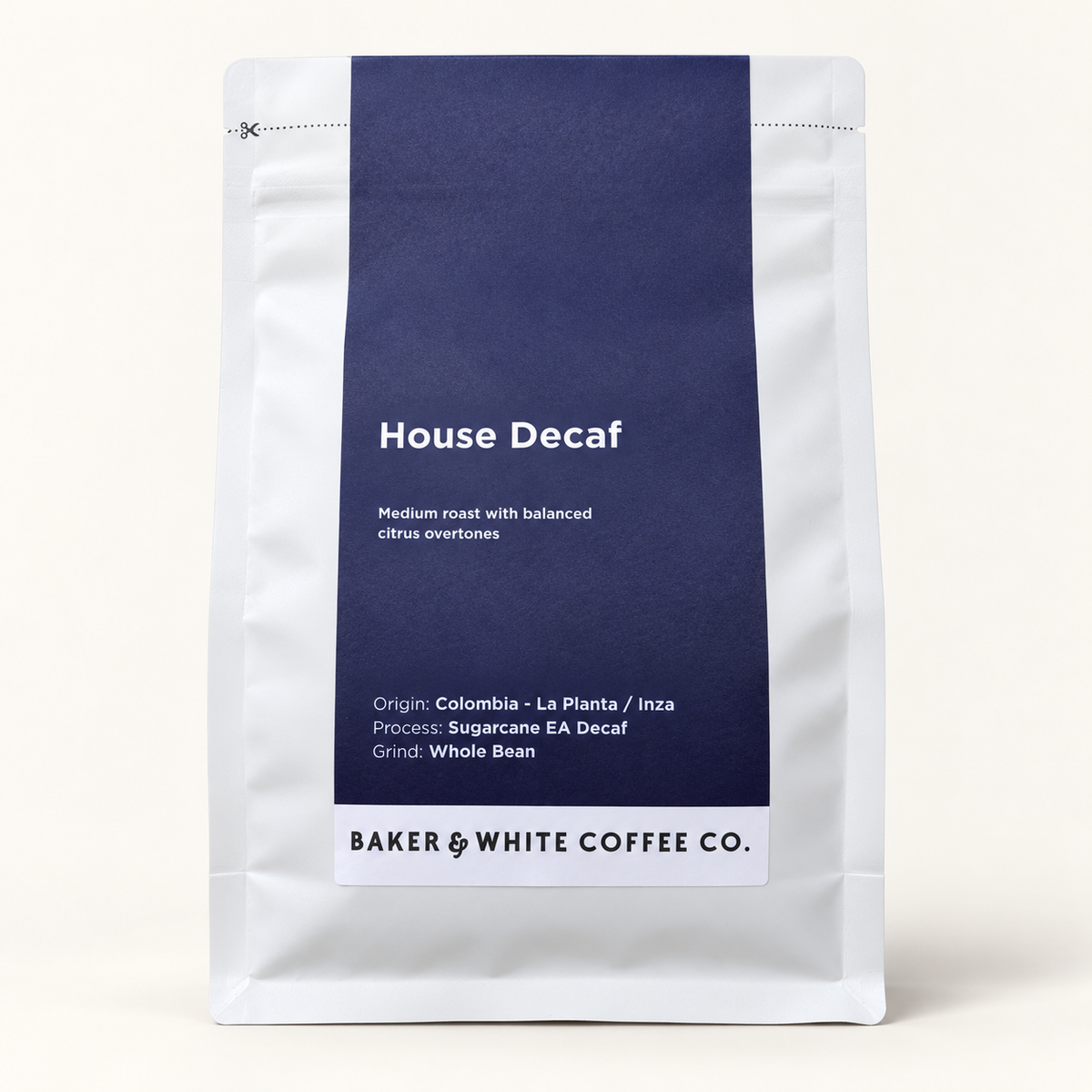 Baker & White House Decaf 250g coffee bag on an ivory background