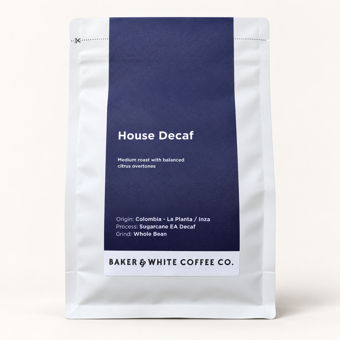 Baker & White House Decaf 250g coffee bag on an ivory background