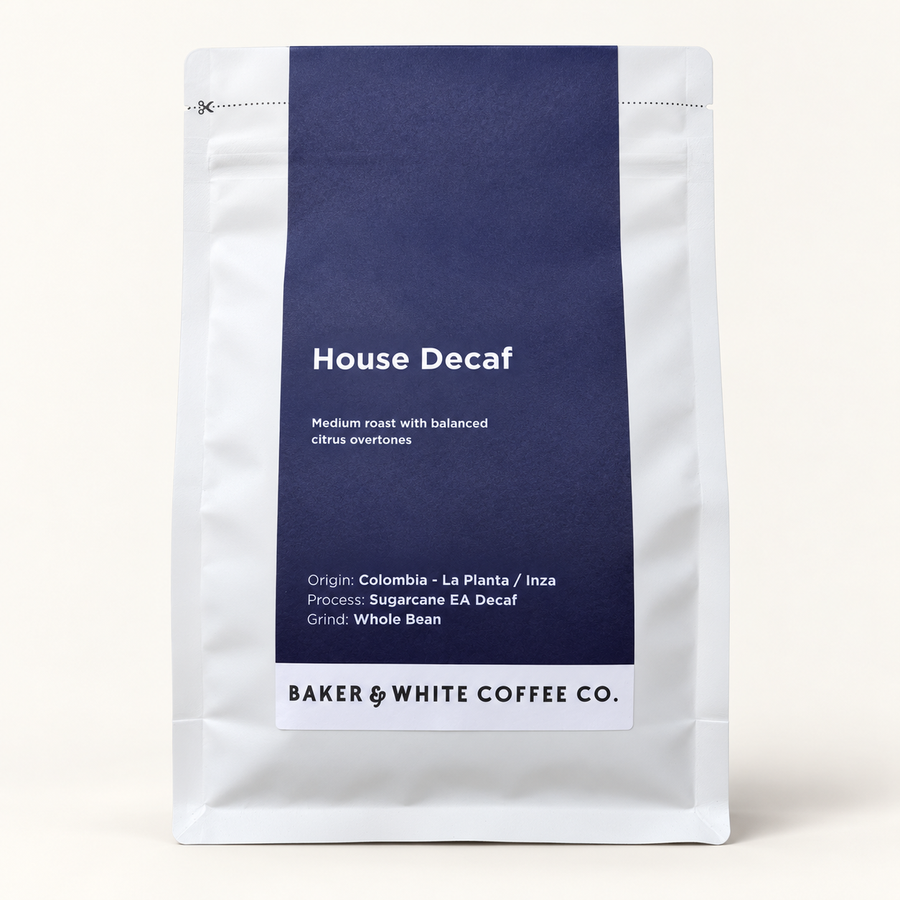 Baker & White House Decaf 250g coffee bag on an ivory background
