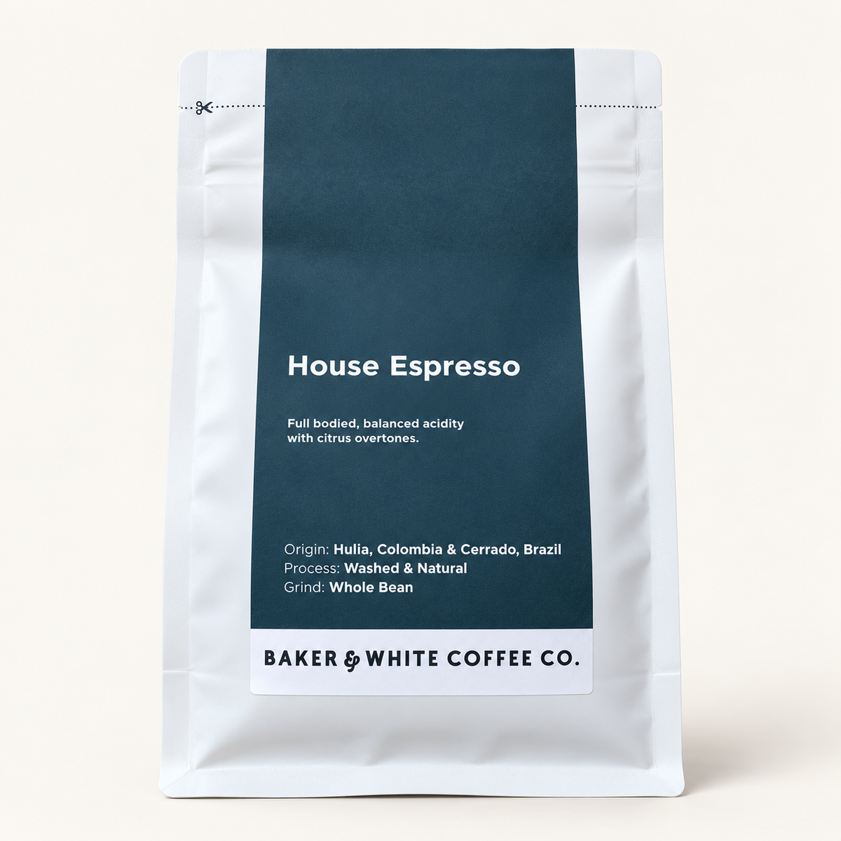 Baker & White House Espresso 250g coffee bag on an ivory background